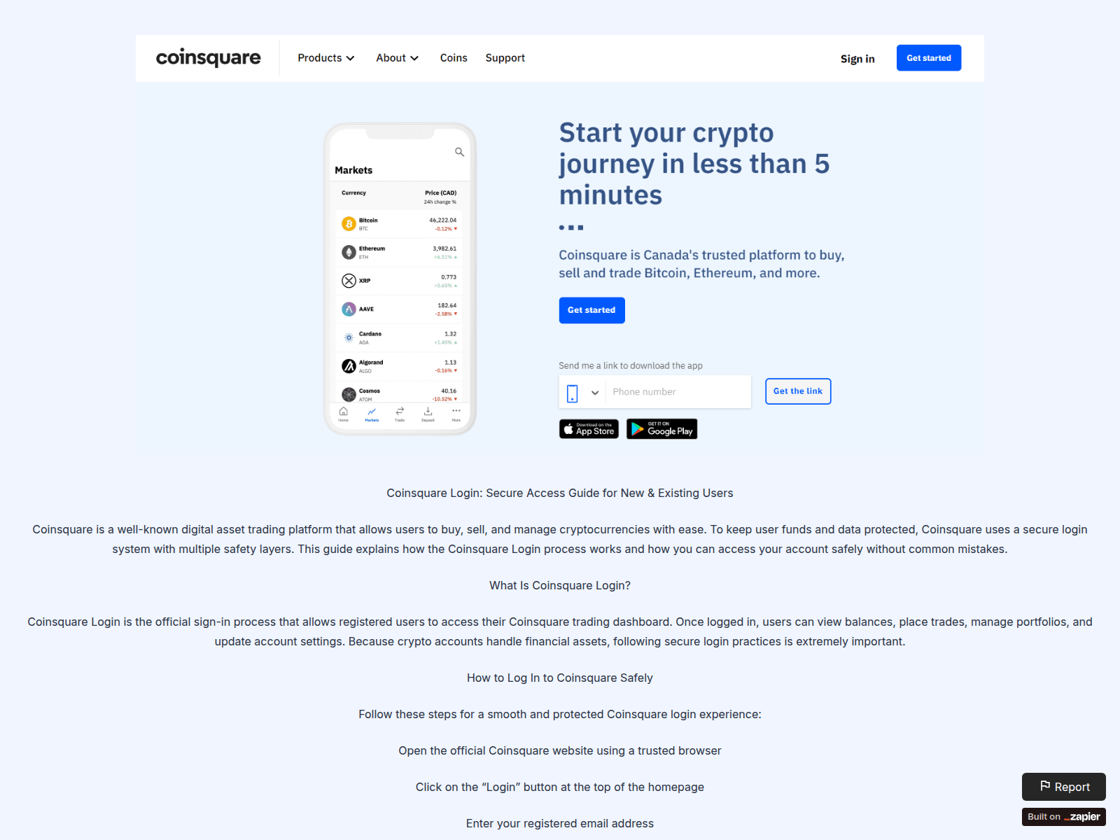 Screenshot of supportcoinsqurelognn.zapier.app