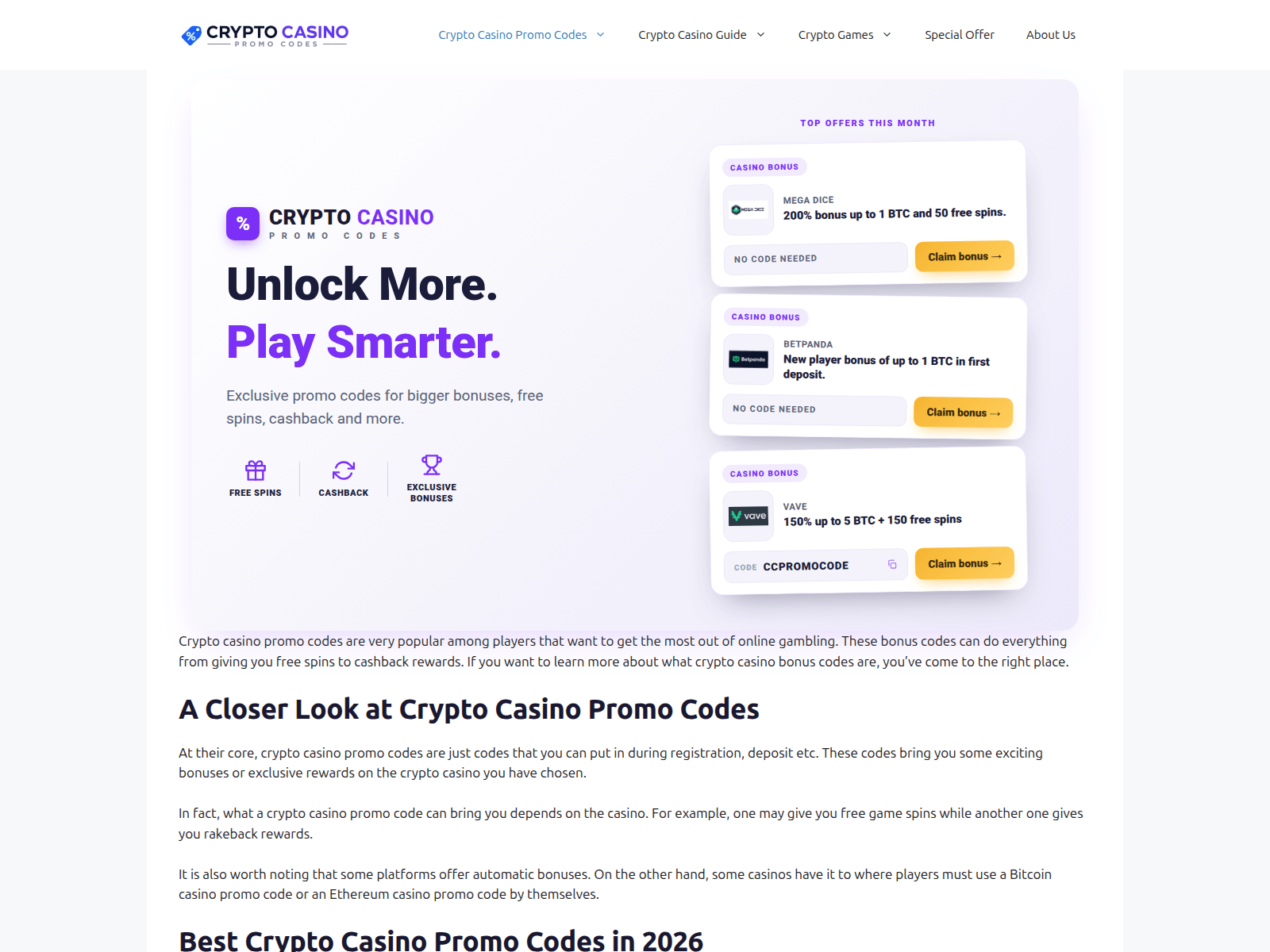Screenshot of cryptocasinopromocodes.com