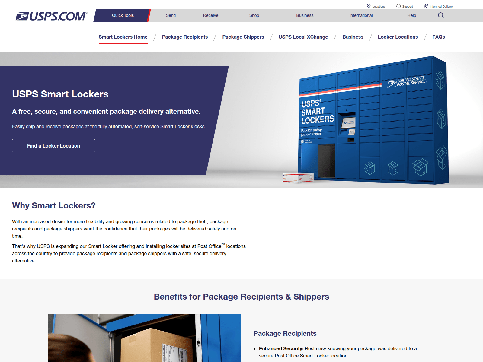 Screenshot of uspssmartpackagelockers.com