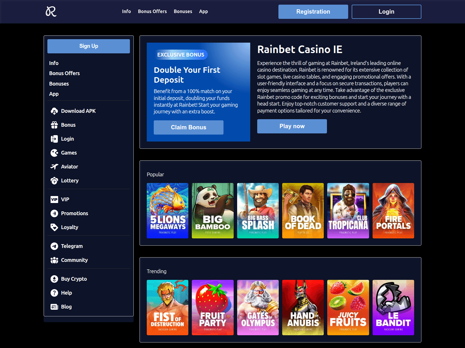 Screenshot of rainbetcasinoie.com