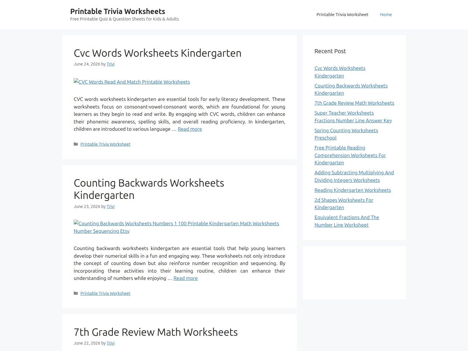 Screenshot of trivia-worksheet.net