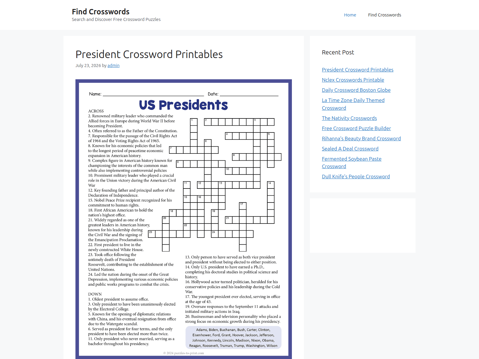 Screenshot of findcrosswords.com