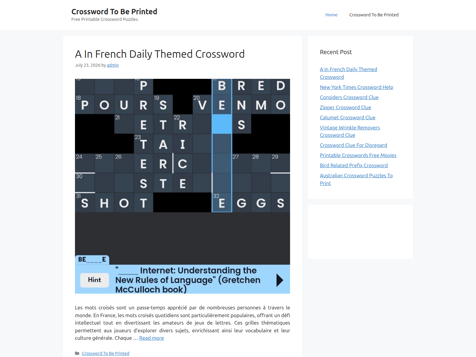 Screenshot of crosswordtobeprinted.com