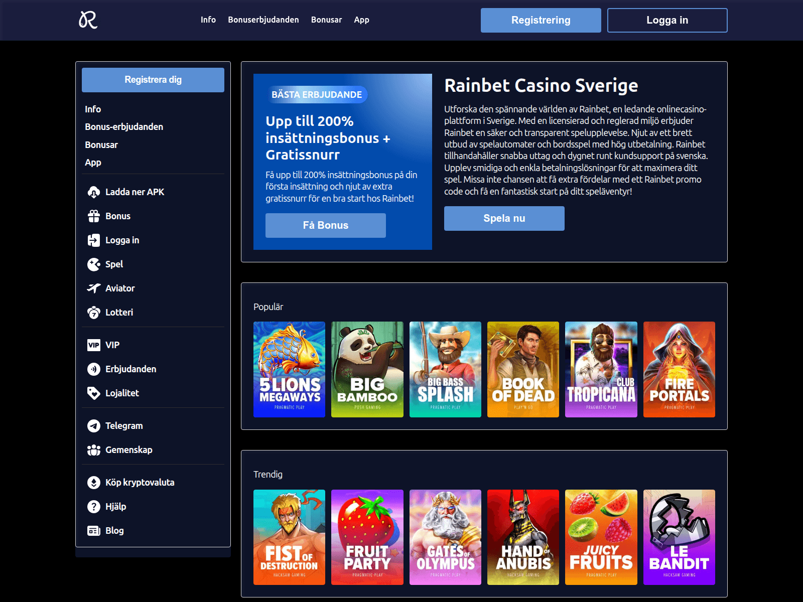Screenshot of rainbetcasinosweden.com