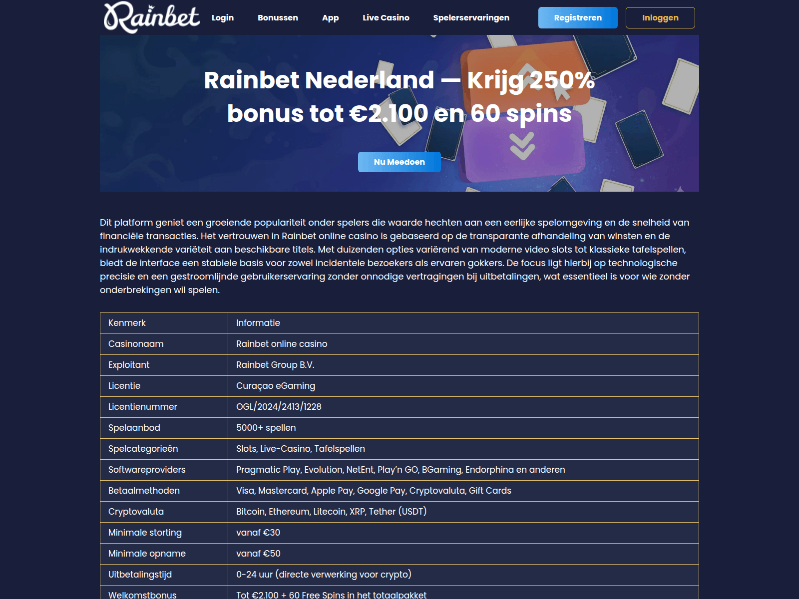 Captura de pantalla de rainbetnederland.org
