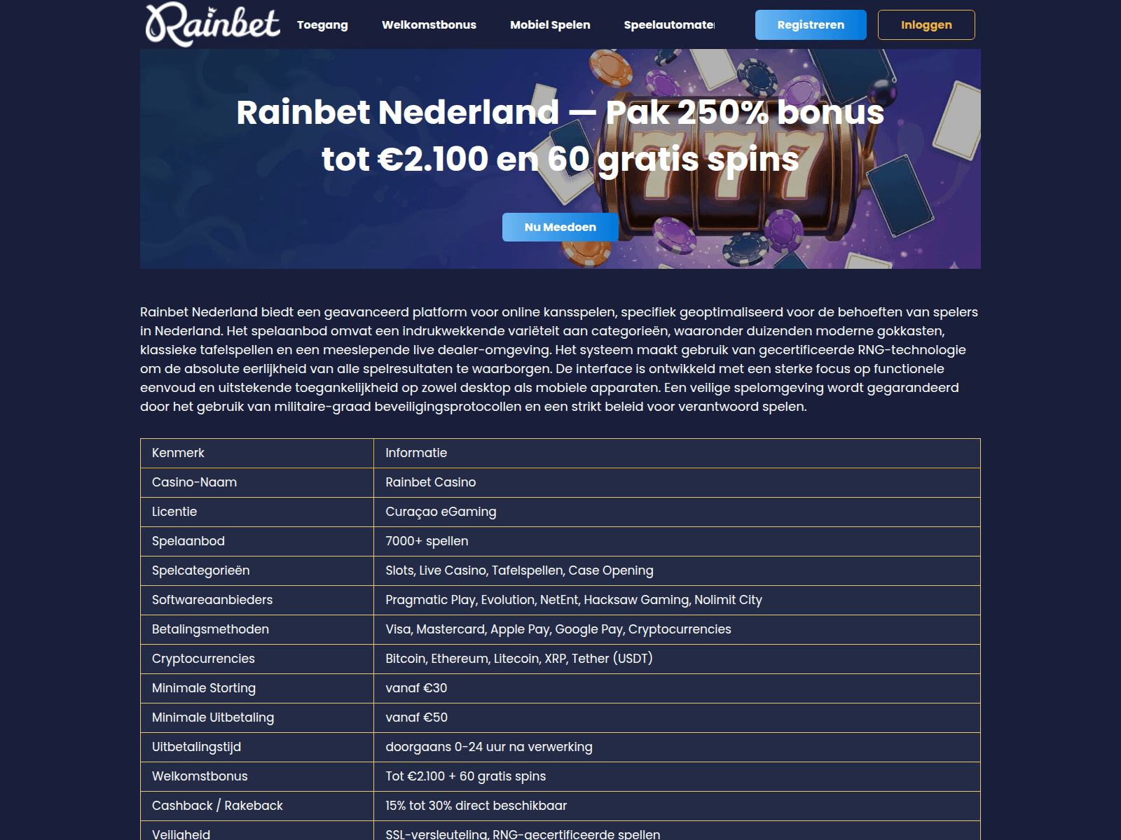 Captura de pantalla de rainbetnederland.net