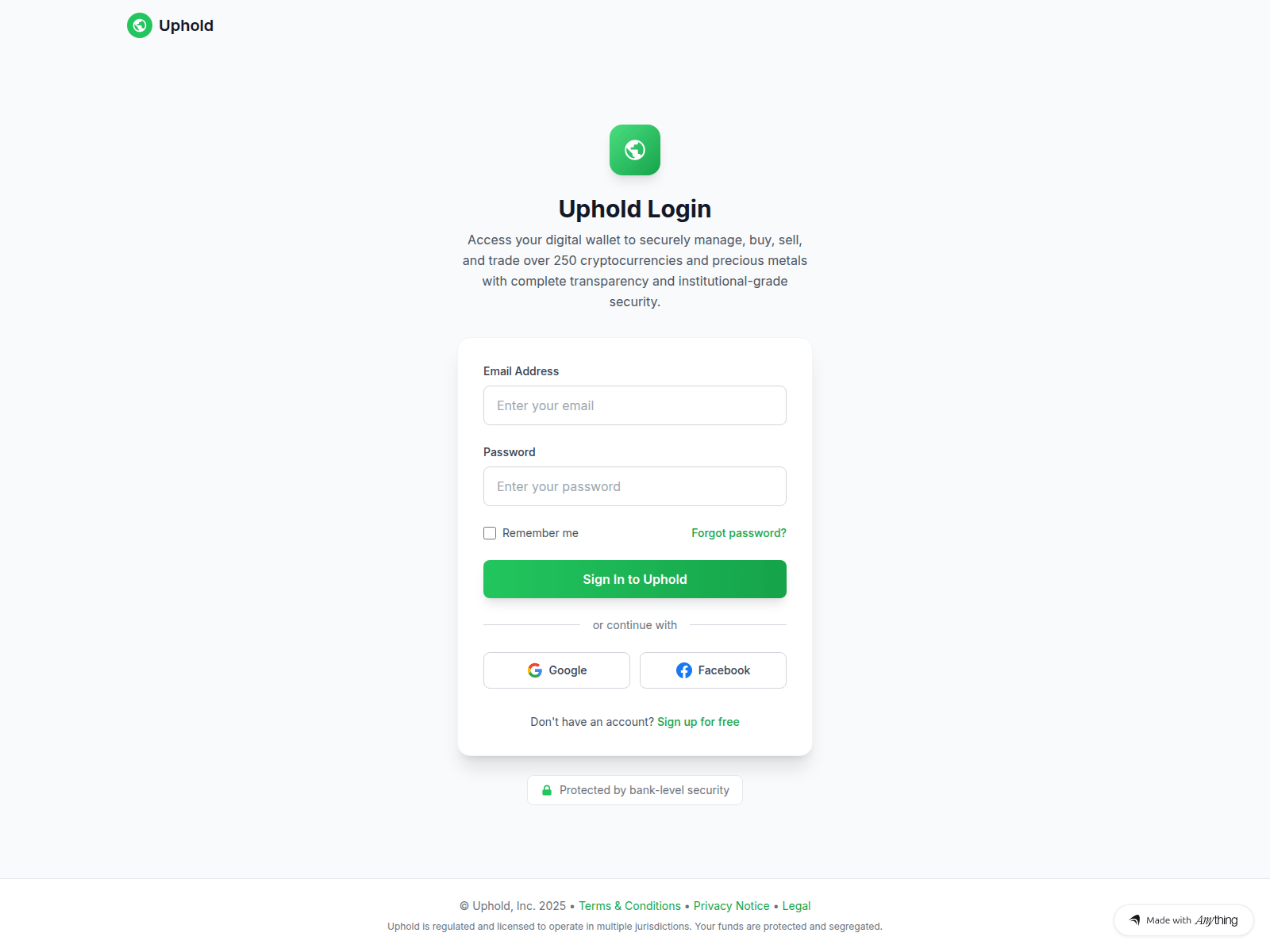 Знімок екрана uphold-login-docs.created.app