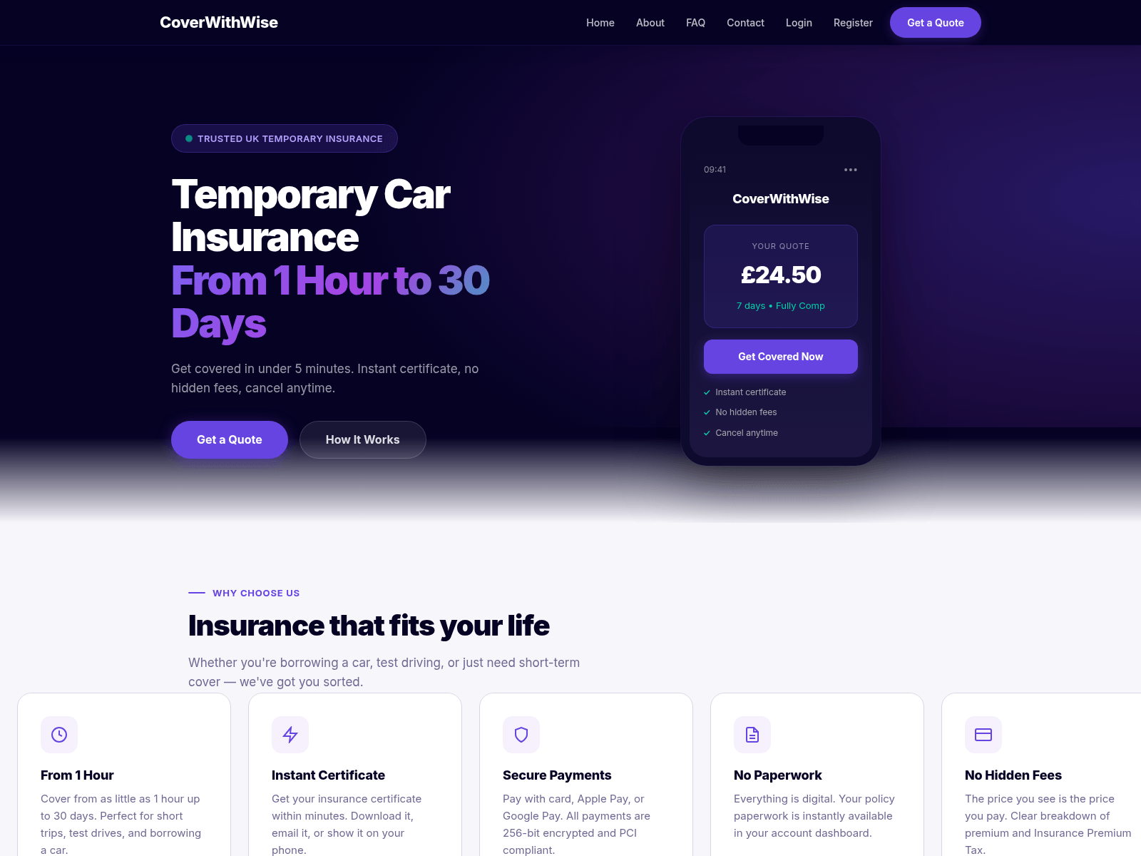 Screenshot of coverwithwise.com