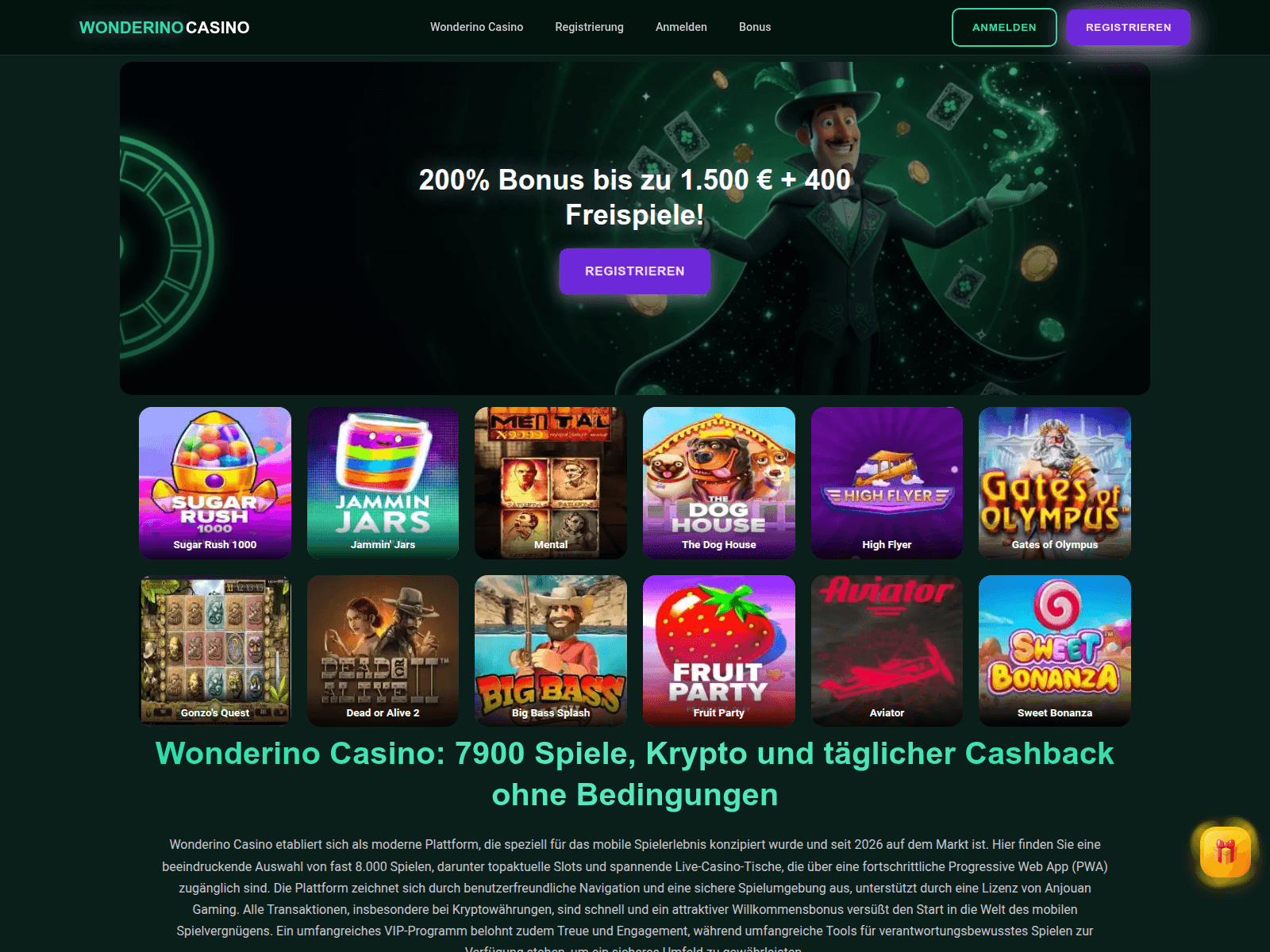Screenshot of wonderinocasino.com