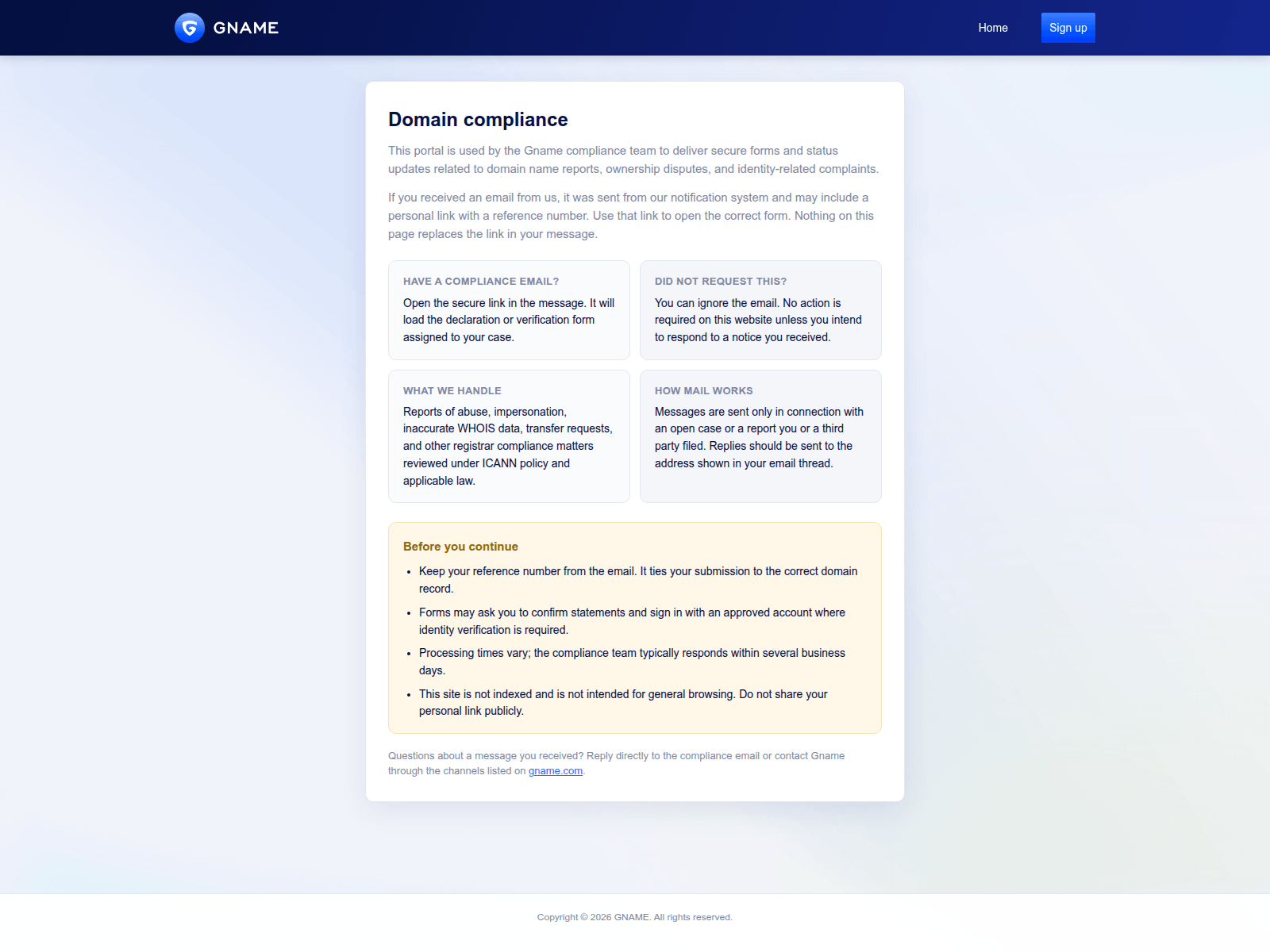 Screenshot of gnamecompliance.net