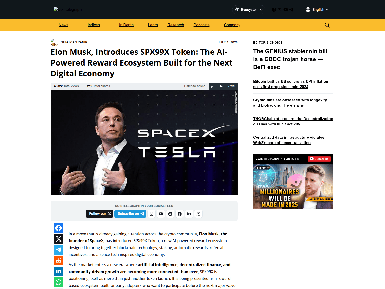 Screenshot of spx99x-cointelegraph.com