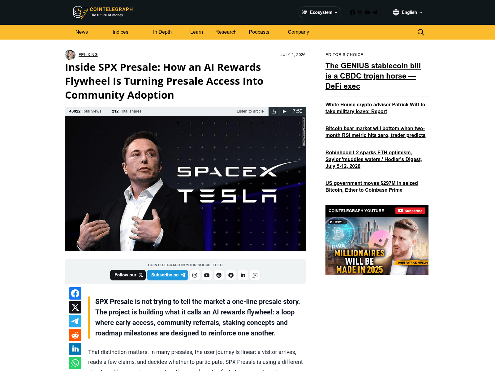 Screenshot of spxpresale-cointelegraph.com