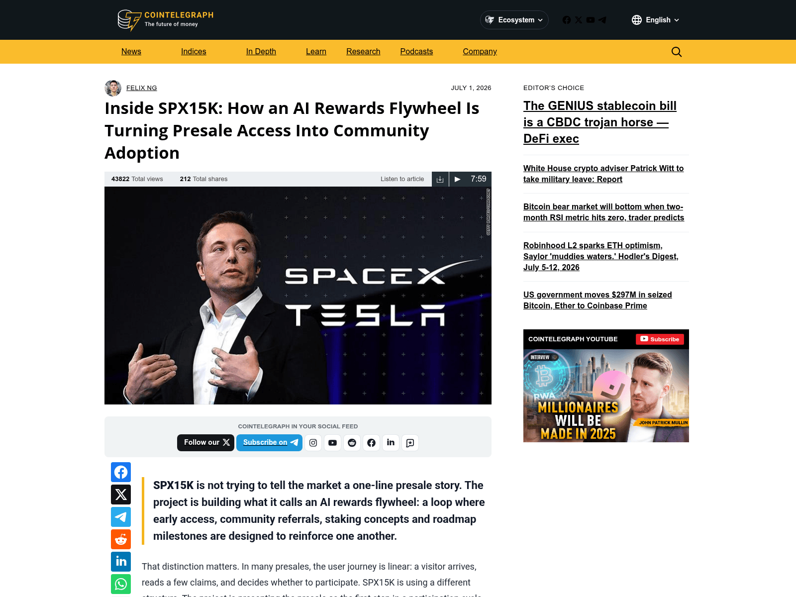 Screenshot of spx15k-cointelegraph.com