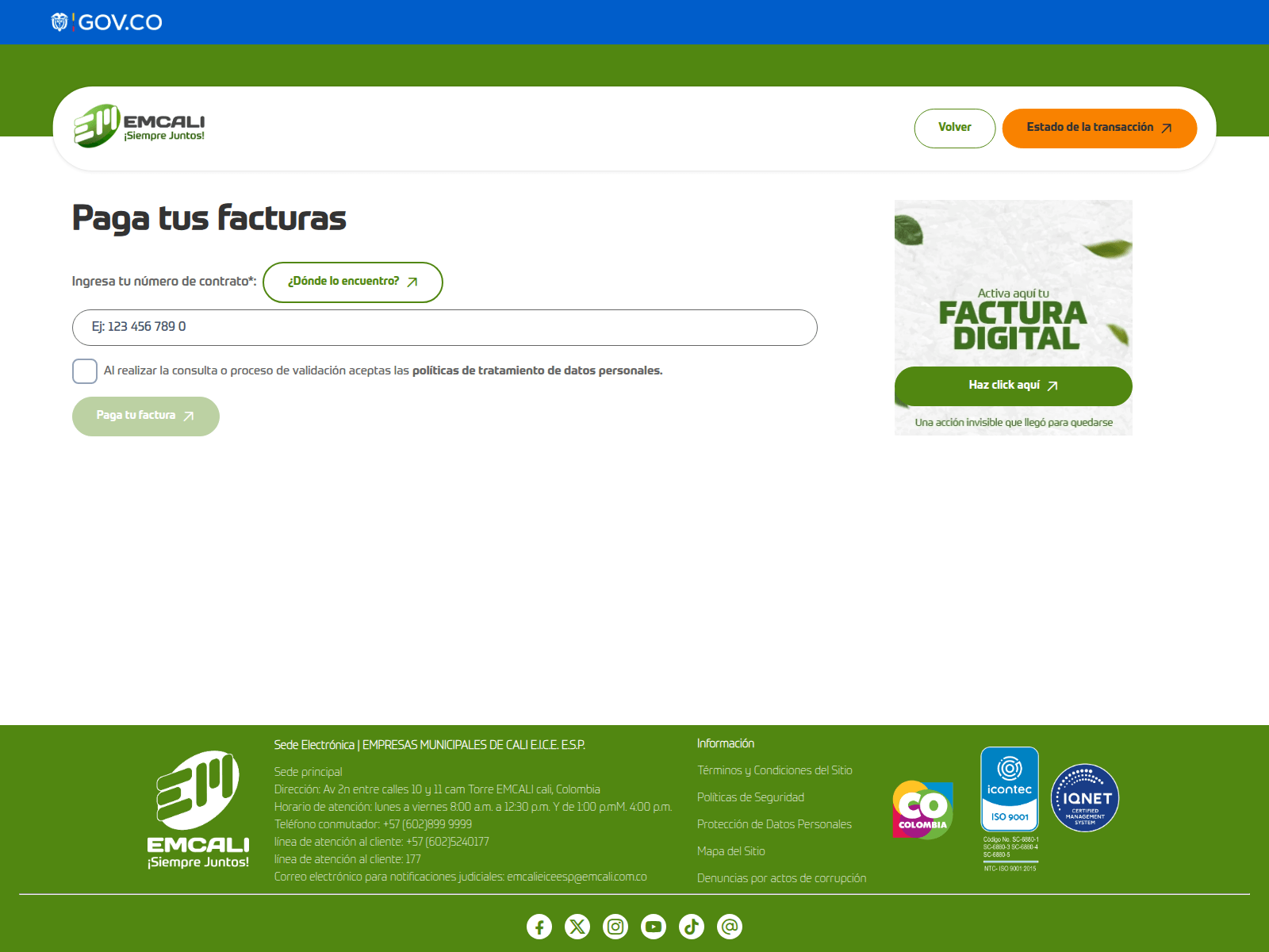 Screenshot of emcali-pagos.com