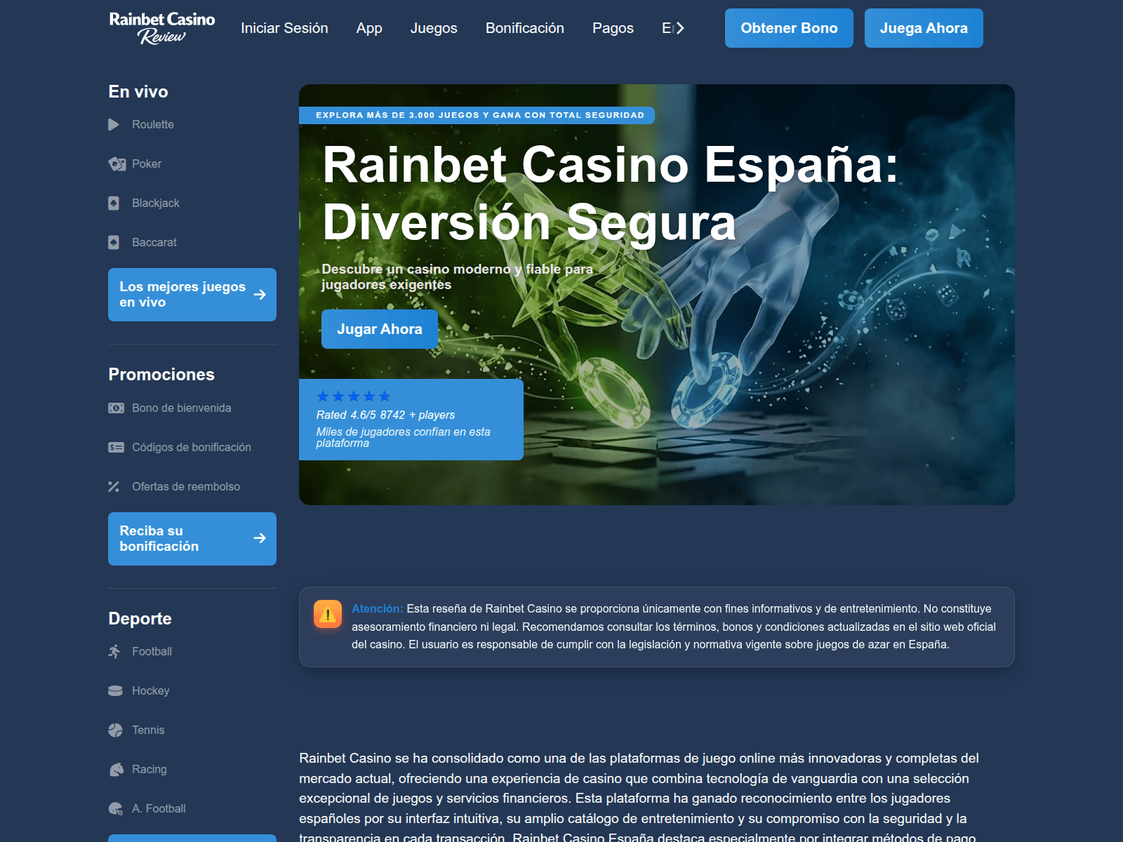 Screenshot of rainbetcasinoonline.es