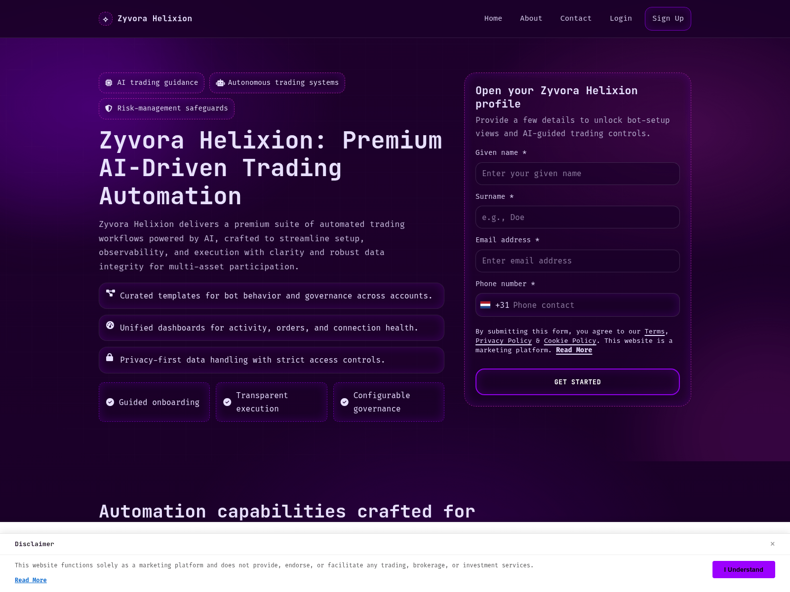 Screenshot di zyvorahelixionplatform.com