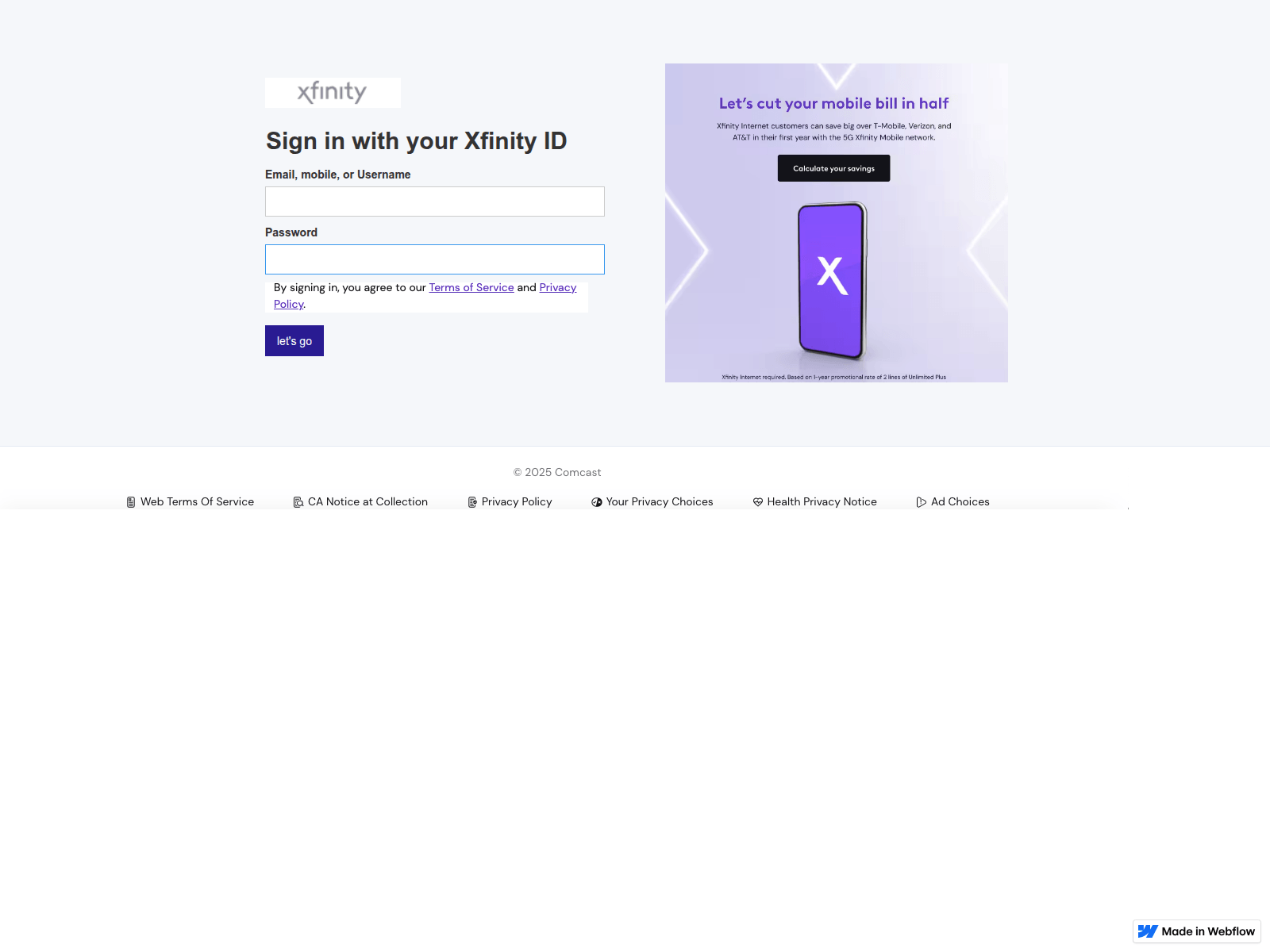 Screenshot of comcast-mobile.webflow.io