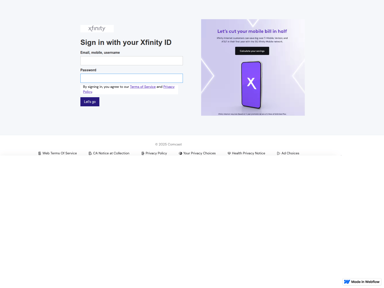 Screenshot of comcastservice.webflow.io
