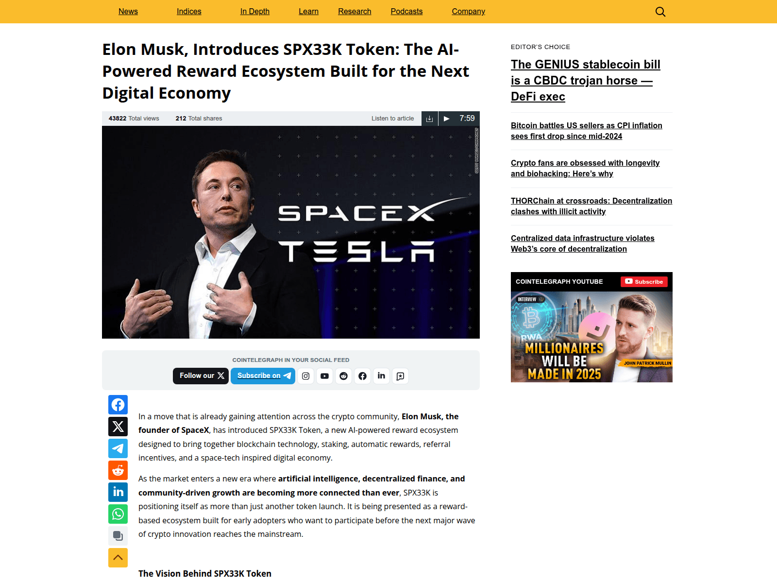 Screenshot of spx33k-cointelegraph.com