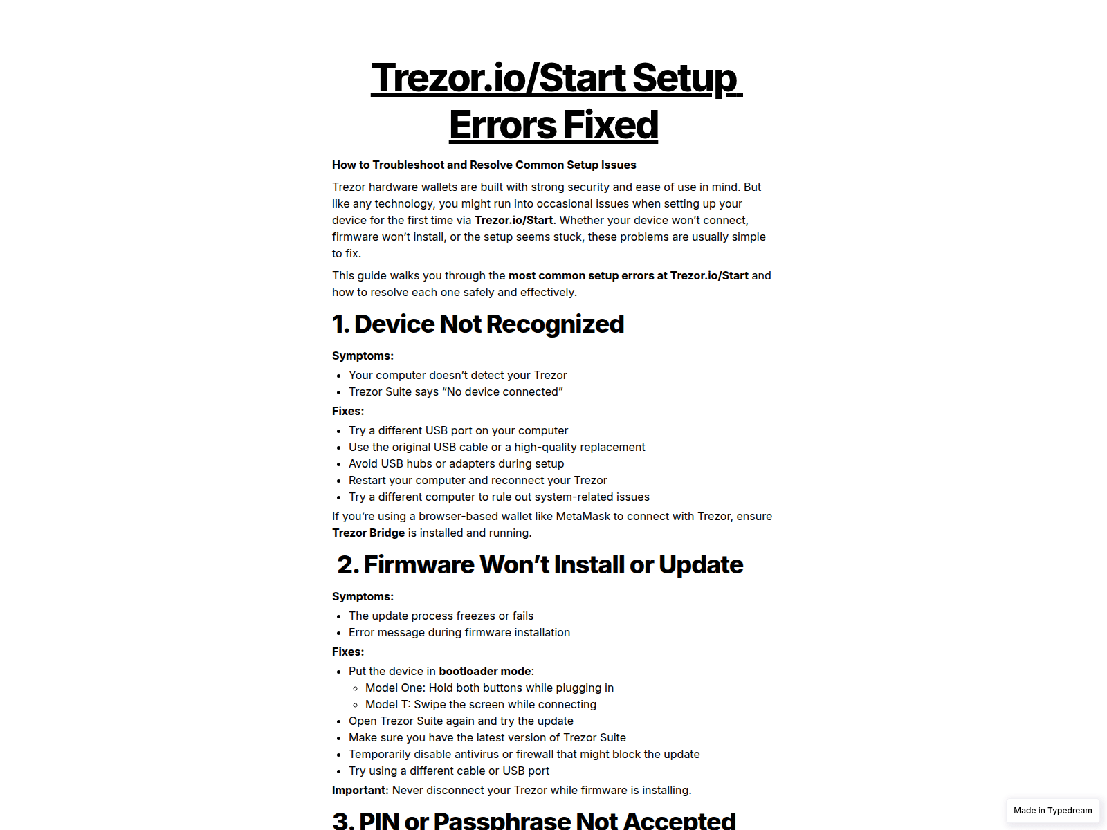 Screenshot of trezur-start-base-faqs-io.typedream.app