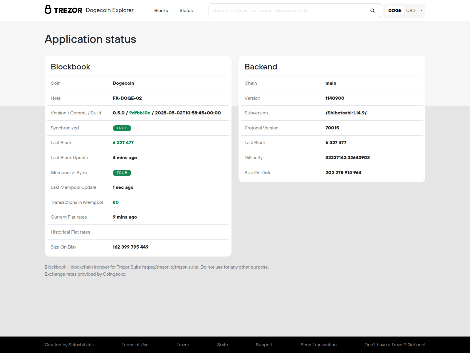 Screenshot of blockbook-doge.sspwallet.io