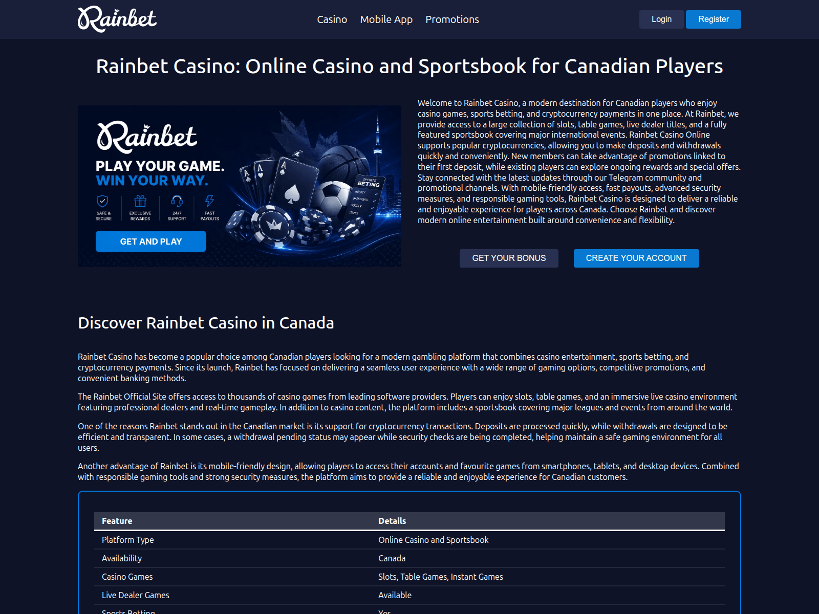 Screenshot of rainbetcasinocanada.ca