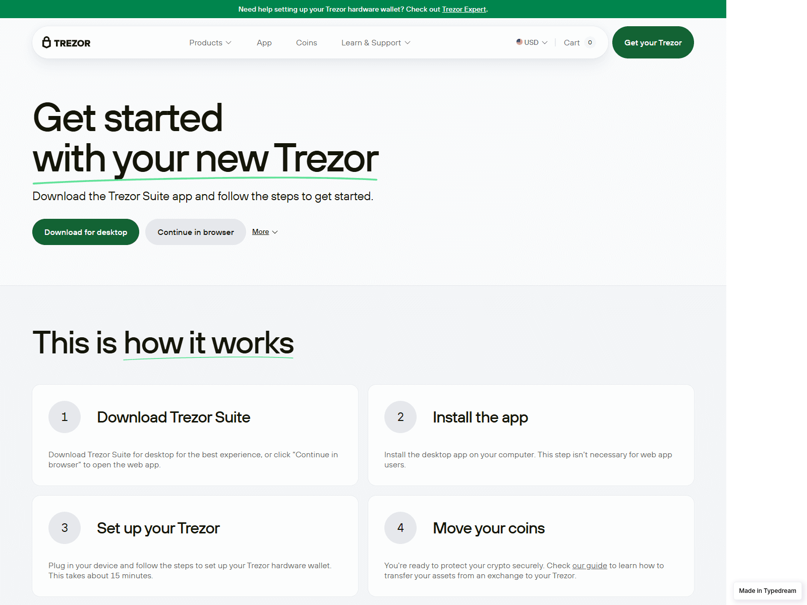 Screenshot of welcome-begin-trezo-en.typedream.app