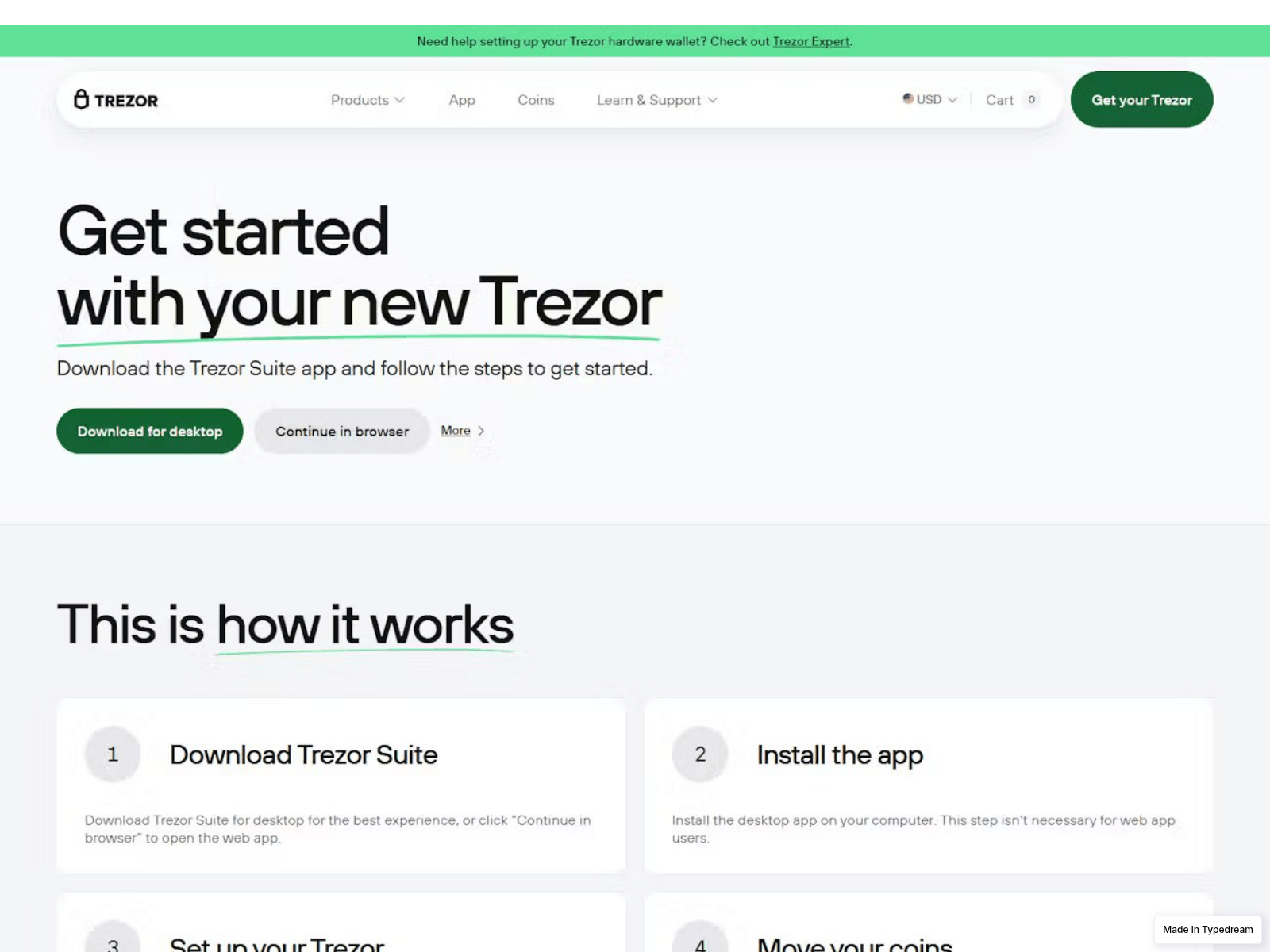 Screenshot of learn-start-io-trezor-us.typedream.app