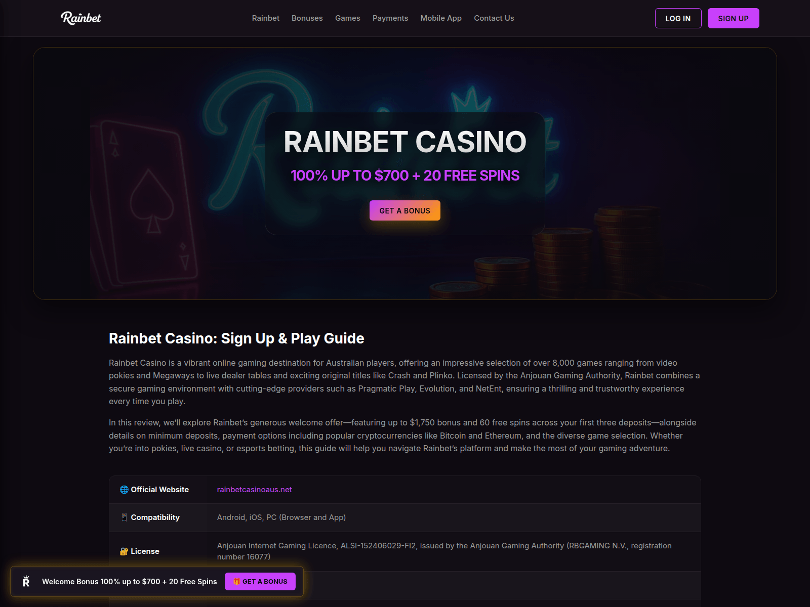 Screenshot of rainbetcasinoaus.net