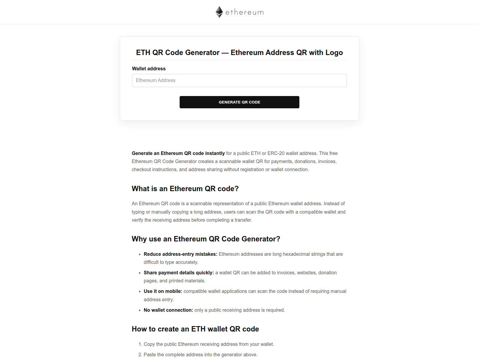 Screenshot of ethereum-qr-code-generator.org