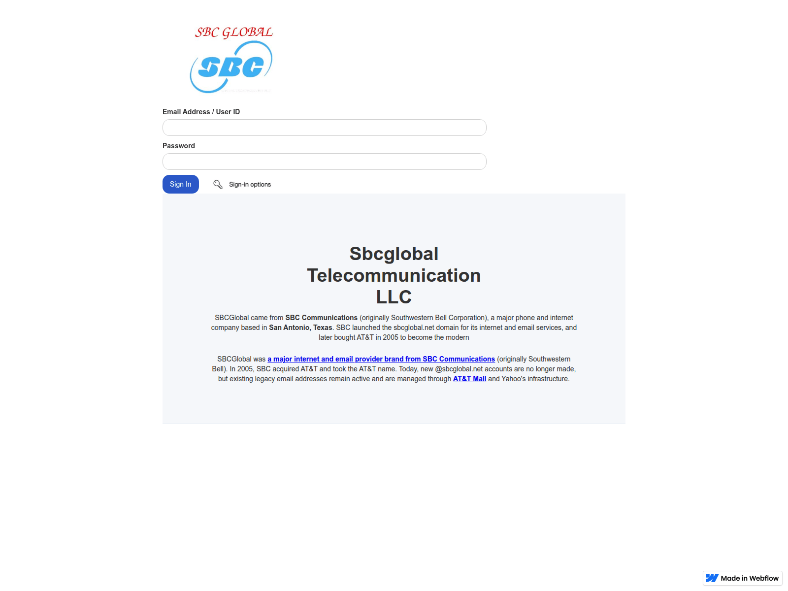 Screenshot of sbcglobal-att-signing-786084.webflow.io
