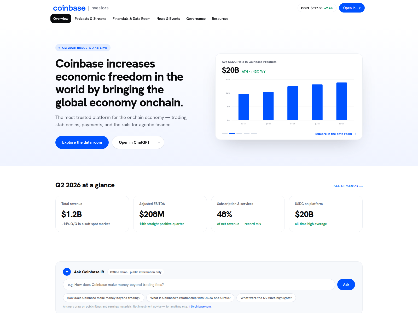 Screenshot of coinbaseinvestors.ai