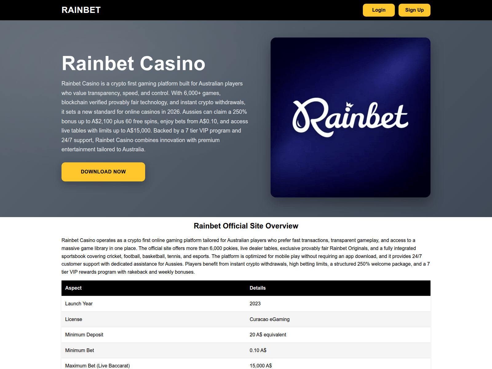 Screenshot of rainbetcasinoau.com
