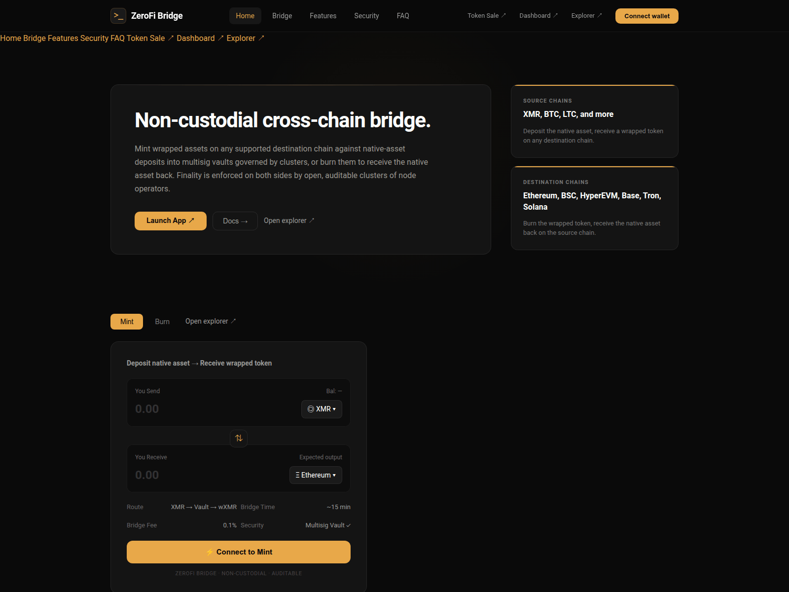 Screenshot of zerofi-bridge.org