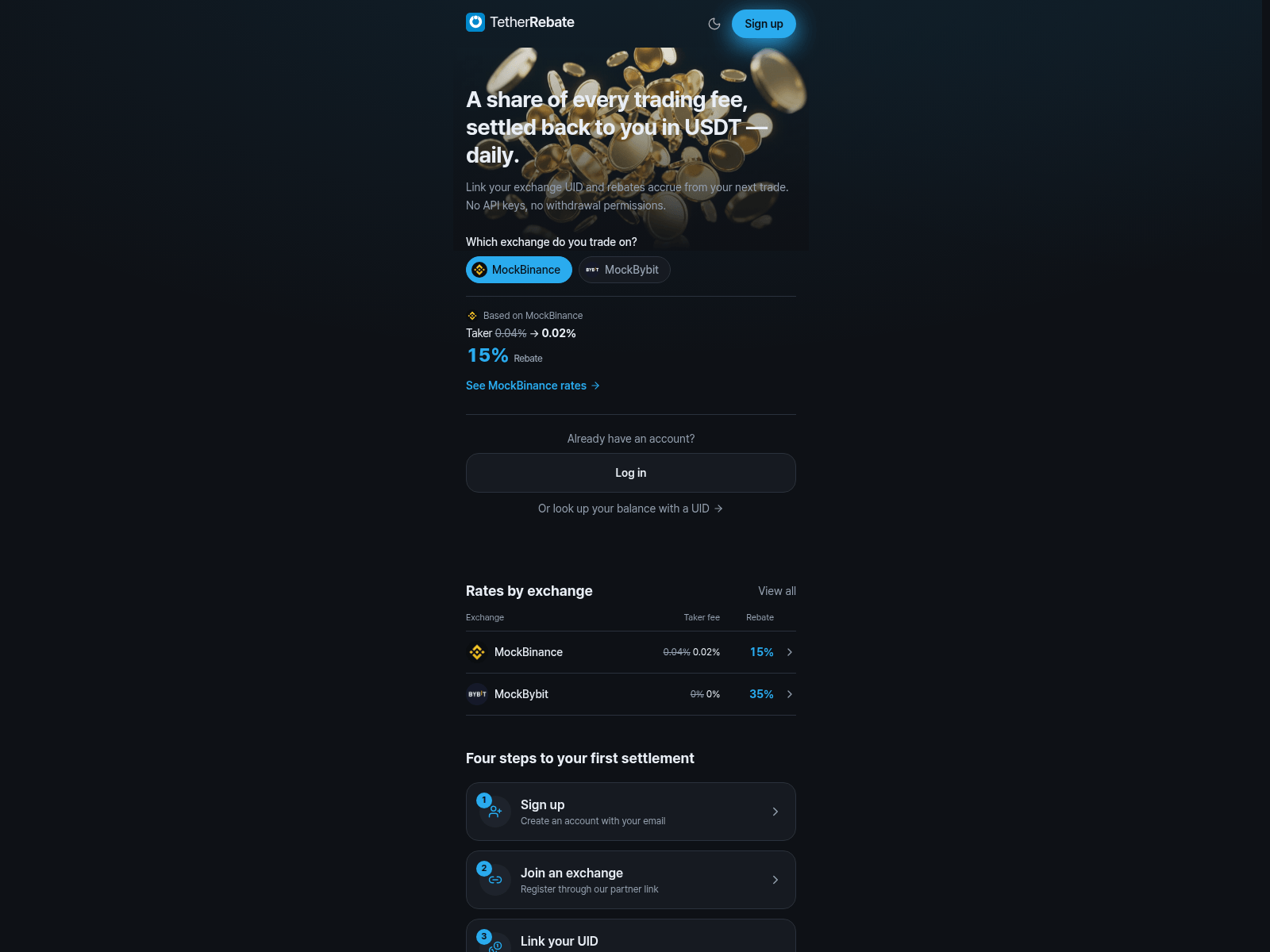 Captura de tela de tetherrebate.com