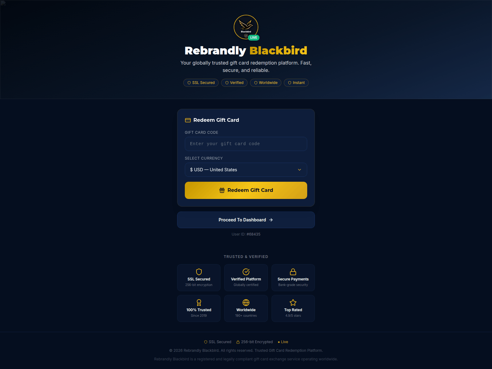 Screenshot of blackbirdgiftcard.com