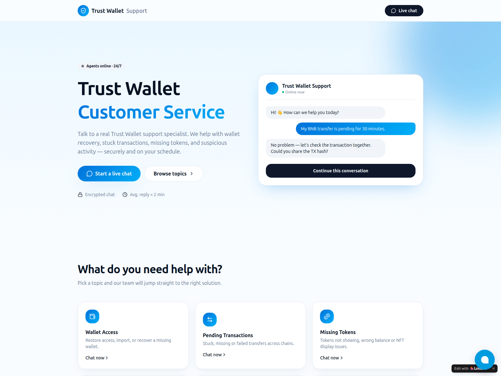 Screenshot of trustwallet-supporthelp.lovable.app