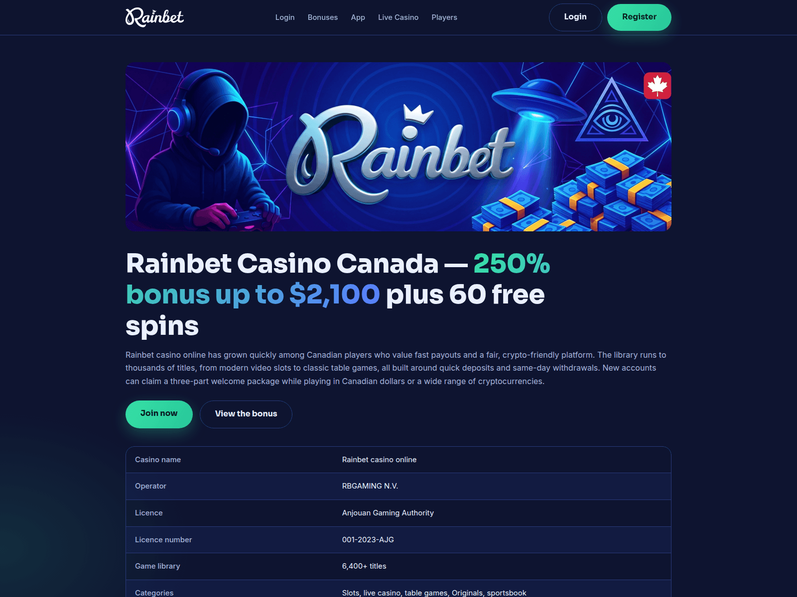 Screenshot of rainbetcasinocanada.co.com