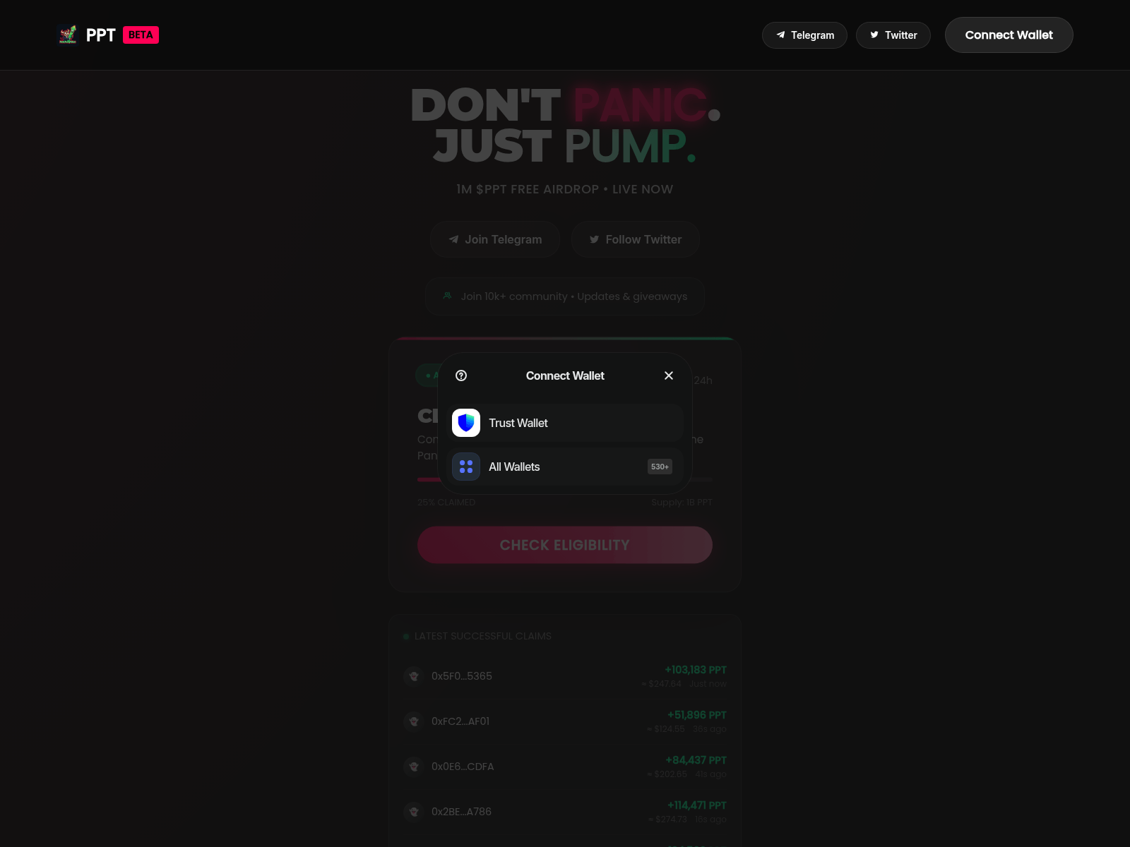 Screenshot of panicpumptoken.live