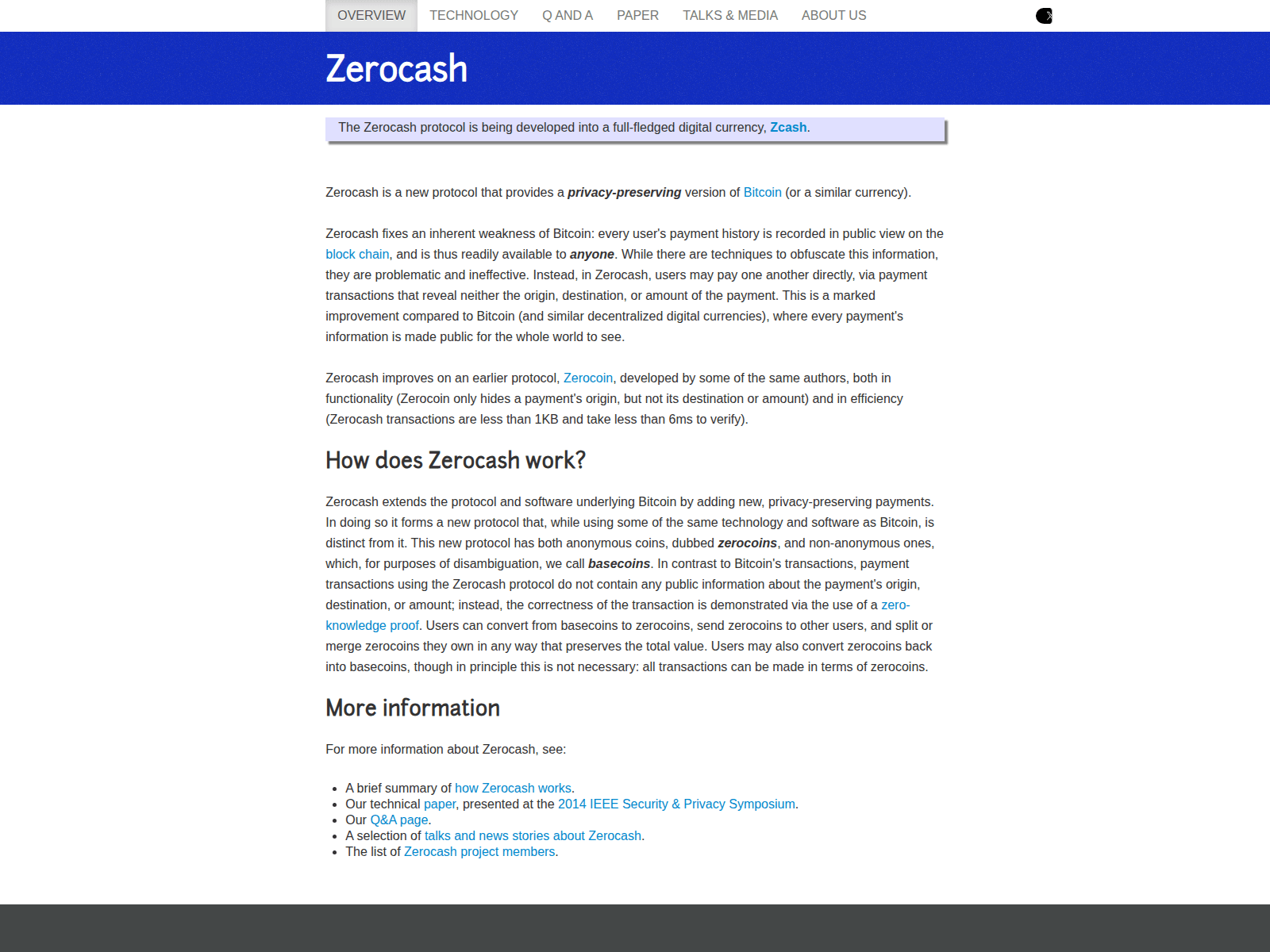 Screenshot of zerocash-project.org