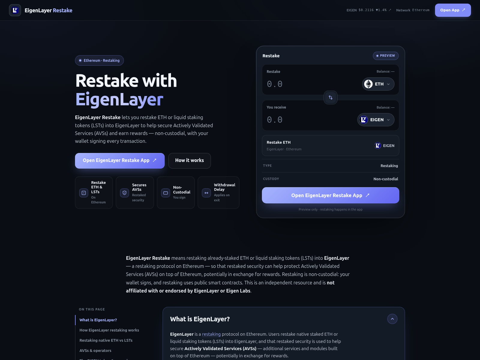 Screenshot of eigenlayer-restake.github.io