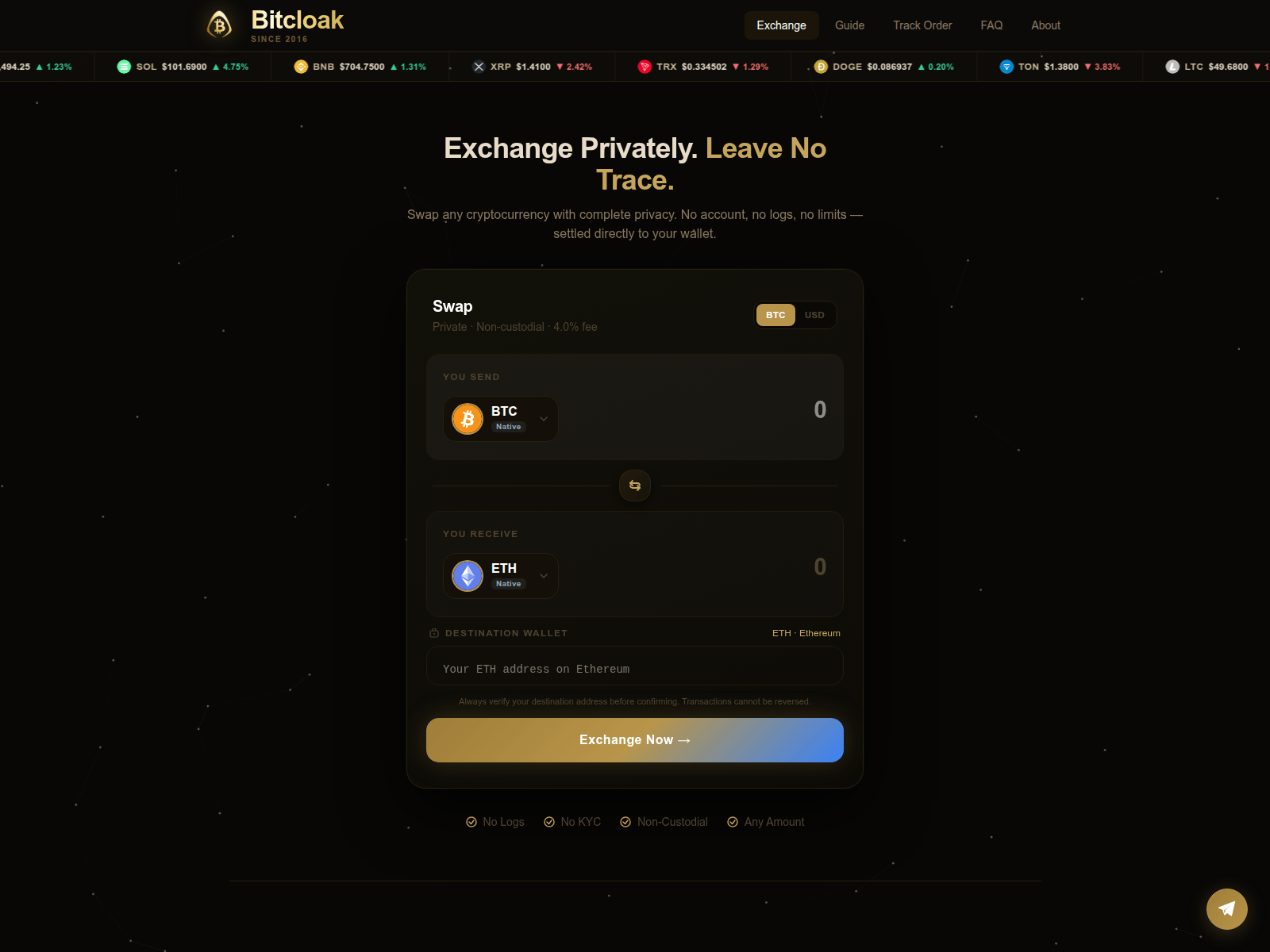 Screenshot of bitcloak.app
