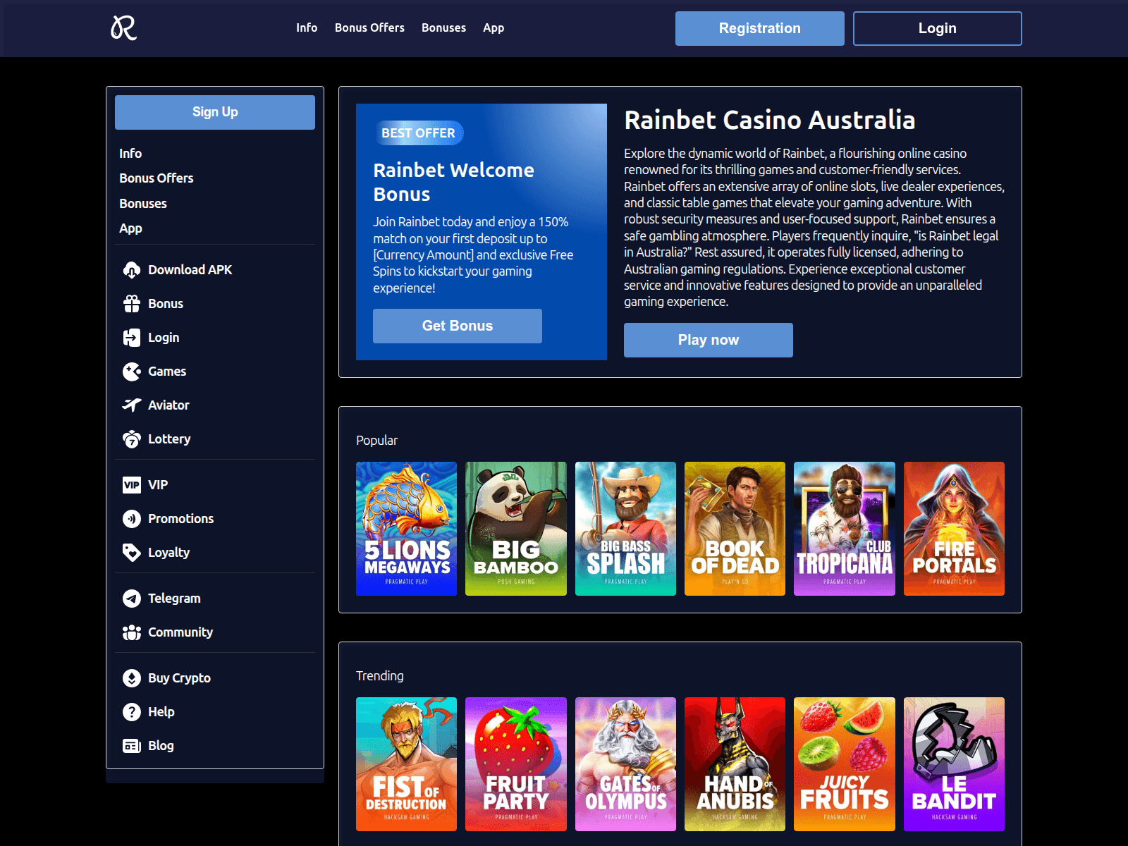 Screenshot of rainbetcasinoaustralia.net