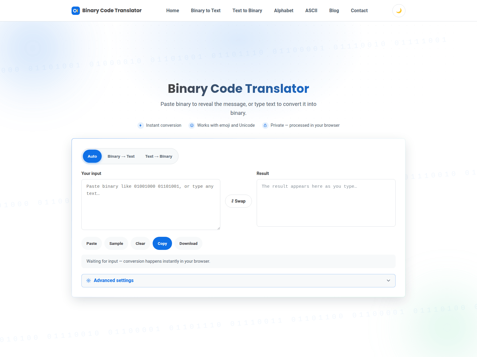 Screenshot of binarycodetranslate.com