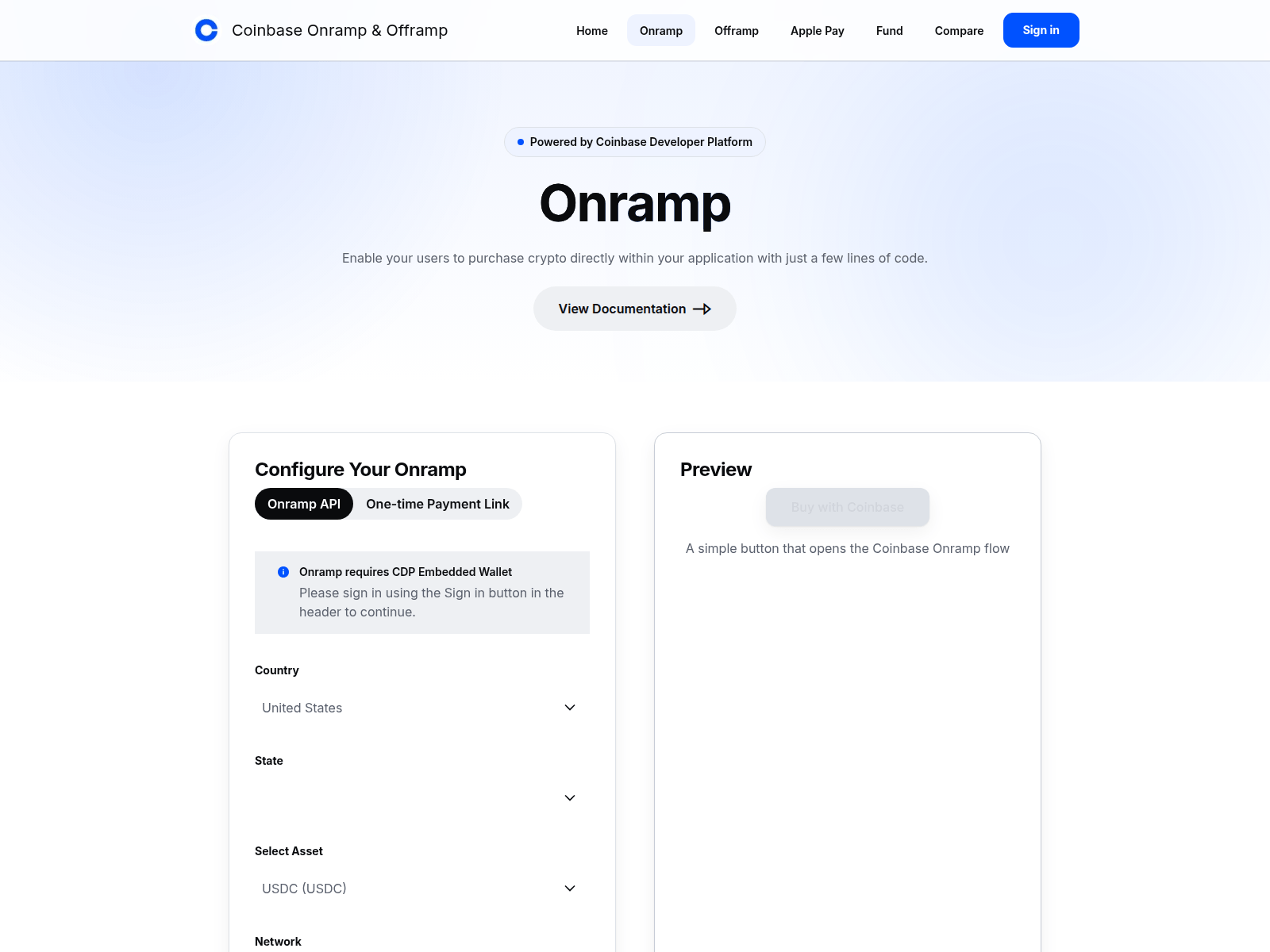 Screenshot von onramp-demo-application-git-main-coinbase-vercel.vercel.app
