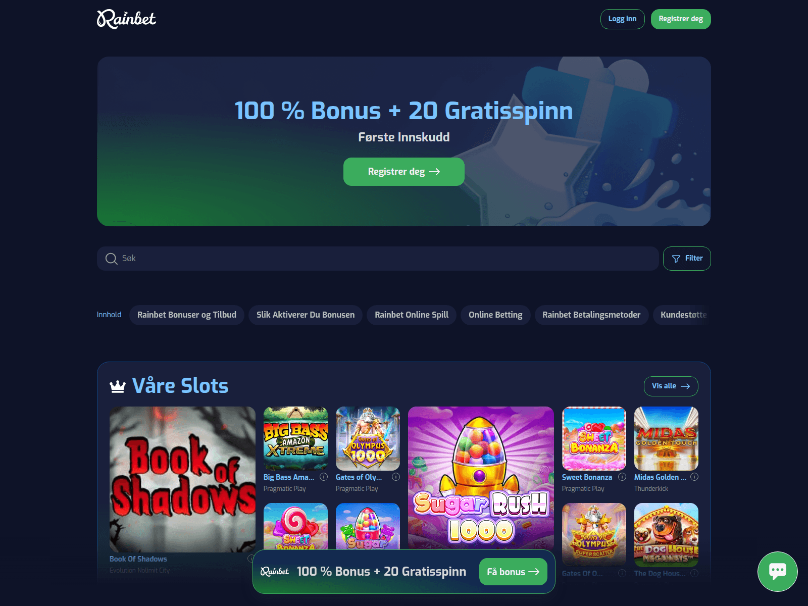 Screenshot of rainbetcasino.co.no