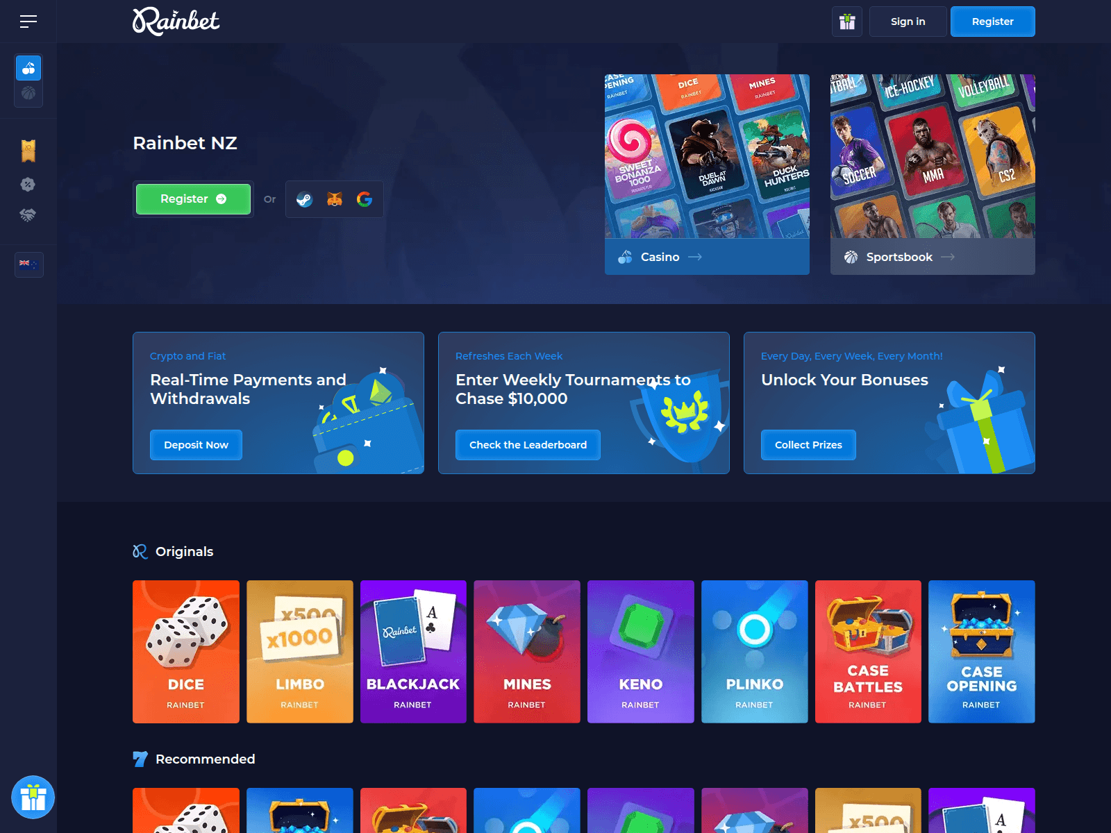 Скриншот сайта rainbetcasino.co.nz