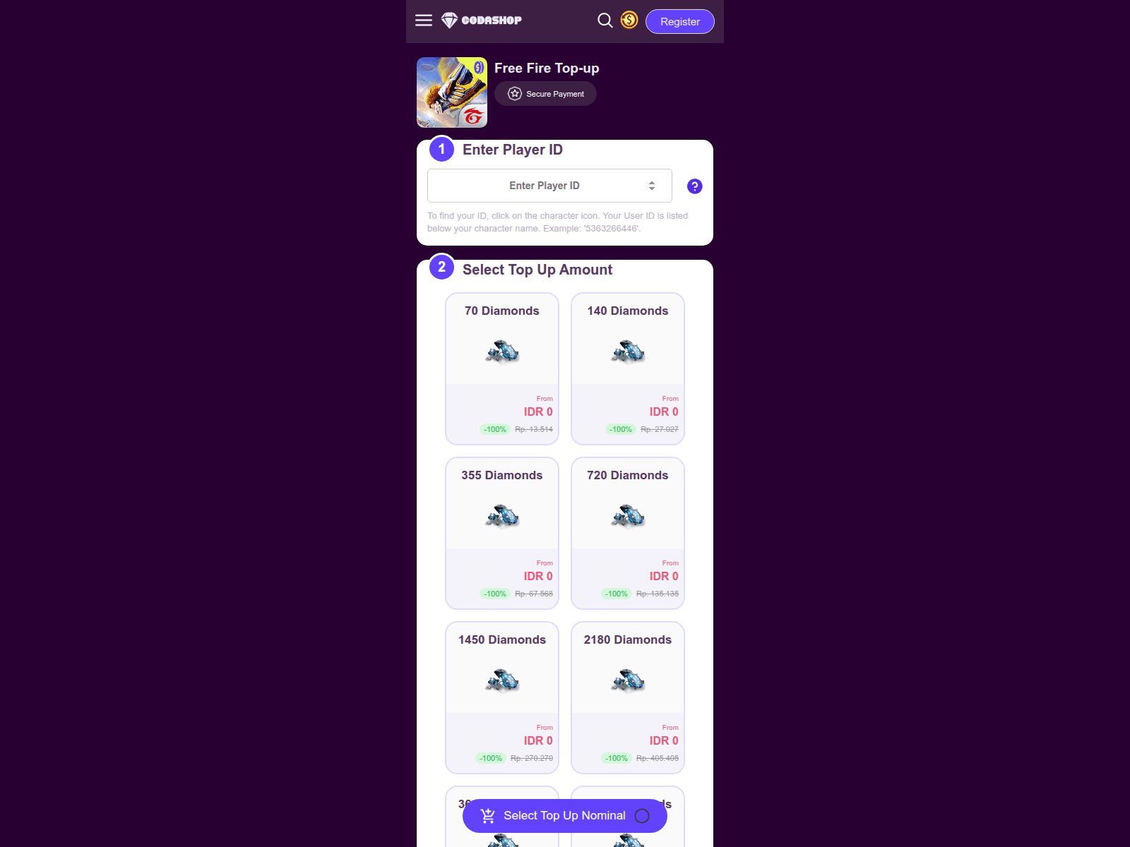 Captura de tela de codashop-ff-wen.vercel.app