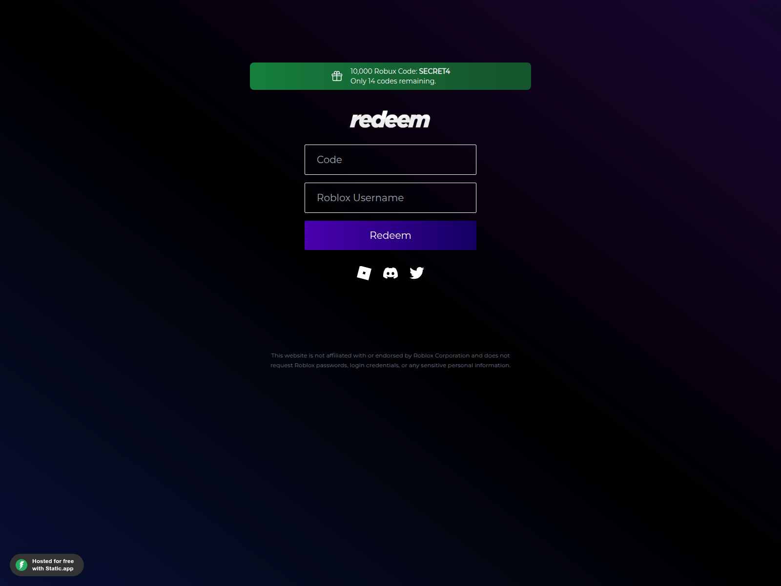 Screenshot of redeembux.staticdomains.app