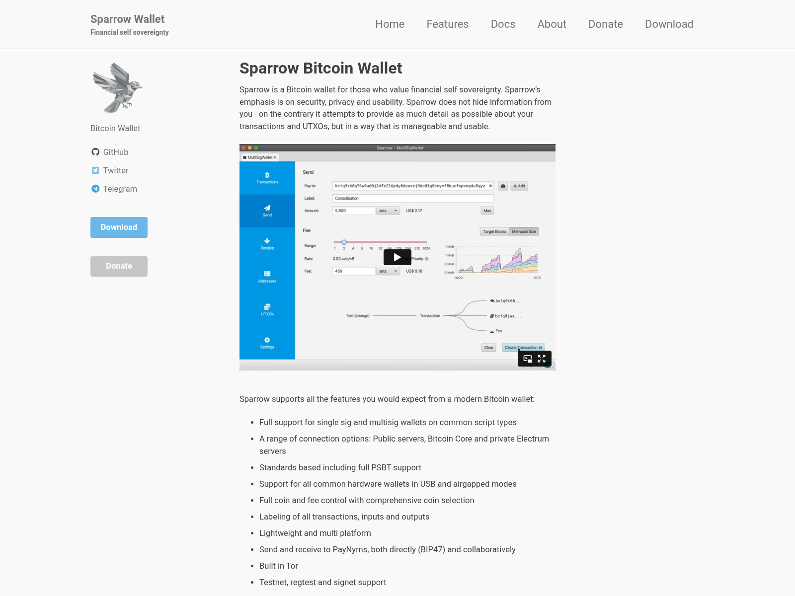 Screenshot von sparrowwallet.net